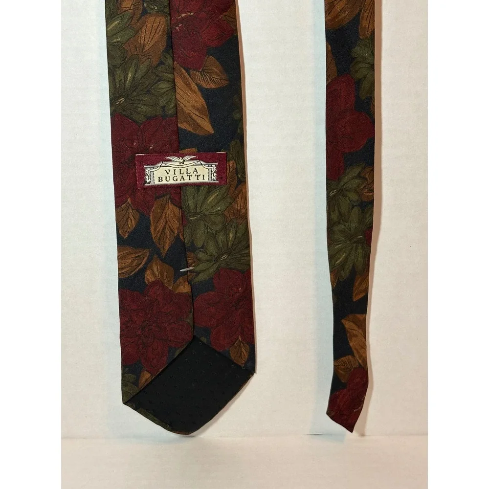 Villa Bugatti Mens Silk‎ Tie Italian Silk Floral Leaf Pattern Burgundy Green USA